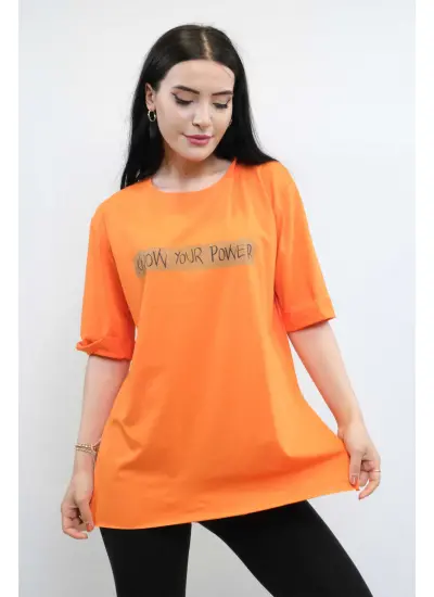 Moda Çizgi Bisiklet Yaka Oversize Tshirt Turuncu