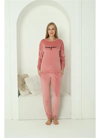 Moda Çizgi Kadın Kadife Pembe Pijama Takım 20624