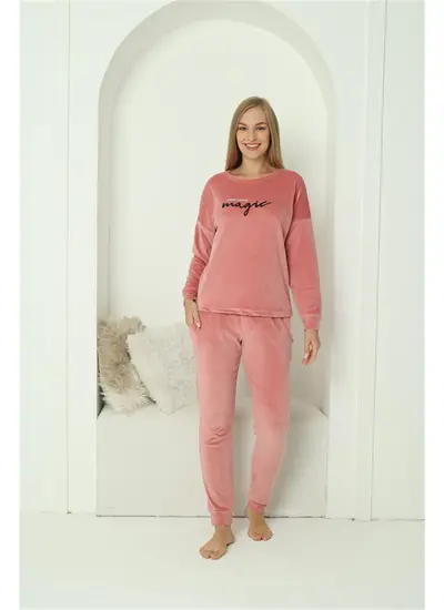 Moda Çizgi Kadın Kadife Pembe Pijama Takım 20624