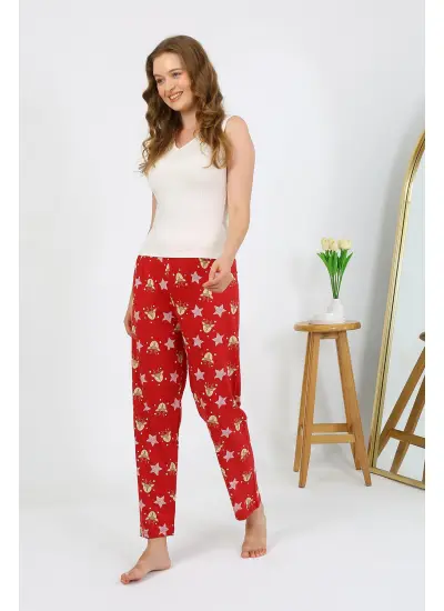 Moda Çizgi Kadın Penye Desenli Tek Alt Pijama 27530 Bordo