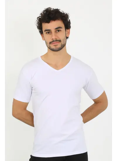 moda çizgi Erkek Likralı V Yaka Beyaz T-Shirt 65700