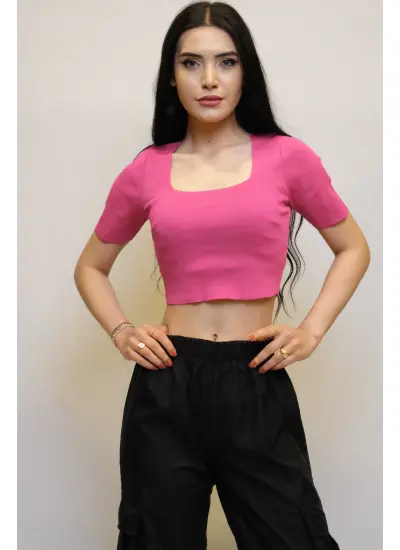 Moda Çizgi Kare Yaka Triko Crop Fuşya