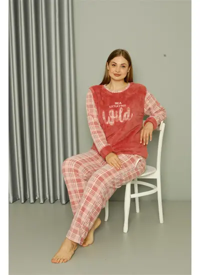 Moda Çizgi Welsoft Polar Kadın Büyük Beden Pudra Pijama Takımı 808040