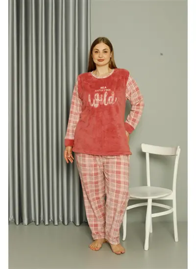 Moda Çizgi Welsoft Polar Kadın Büyük Beden Pudra Pijama Takımı 808040