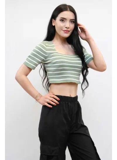 Moda Çizgi Triko Crop Çizgili Mint