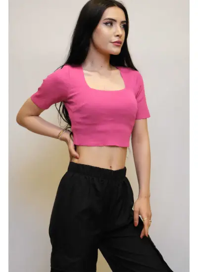 Moda Çizgi Kare Yaka Triko Crop Fuşya