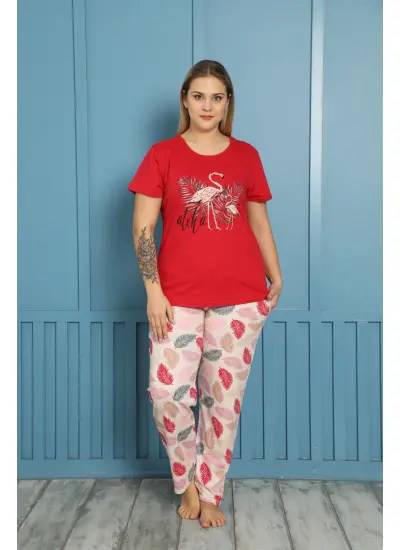 Moda Çizgi Kadın %100 Pamuk Kısa Kol Büyük Beden Pijama Takım 202153