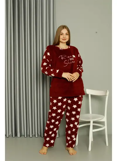 Welsoft Polar Kadın Büyük Beden Bordo Pijama Takımı 808042