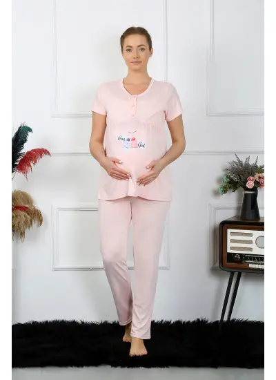 Kadın Kısa Kol Hamile Lohusa Pijama Takımı Pudra 45210