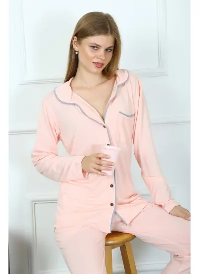 Kadın Penye Uzun Kol Önden Düğmeli Pijama Takım 2778