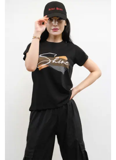 Moda Çizgi Shine Baskılı Tshirt Siyah