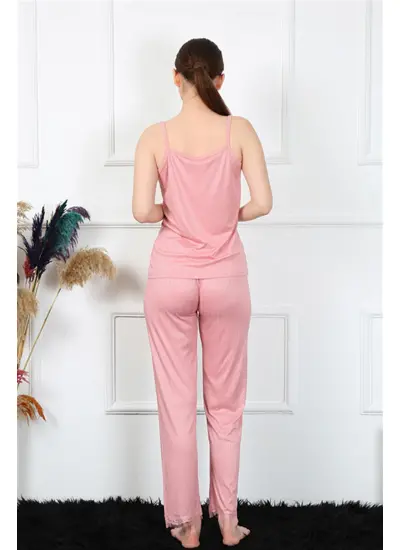 Moda Çizgi Kadın İp Askılı Somon Pijama Takım 4136