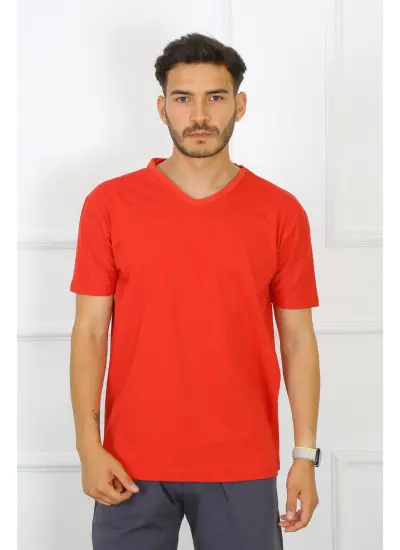 Moda Çizgi Erkek Kırmızı %100 Pamuklu T-Shirt 27486