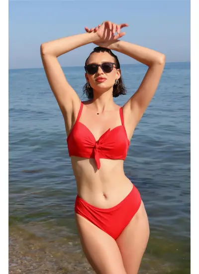 Moda Çizgi Kadın İçi Boş Fiyonklu Kaplı Alt Üst Bikini Takım Kırmızı 35011