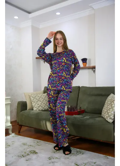 Moda Çizgi Kadın Penye Bol Paça Pijama Takım 4120