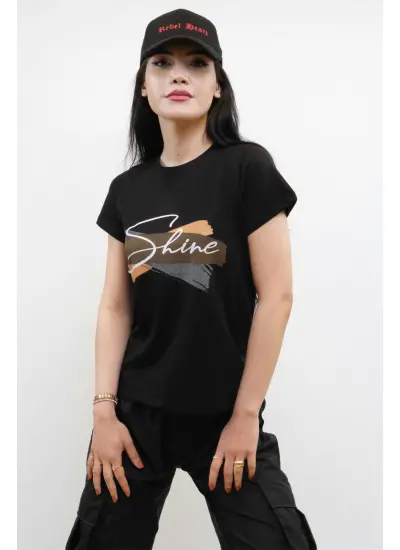 Moda Çizgi Shine Baskılı Tshirt Siyah