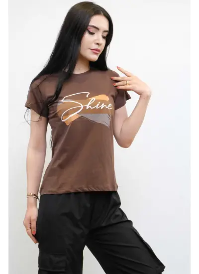 Moda Çizgi Shine Baskılı Tshirt Kahve