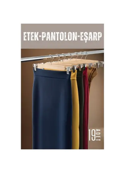 Etek Pantolon Eşarp Kıskaçlı Askı 19 Adet Ahşap