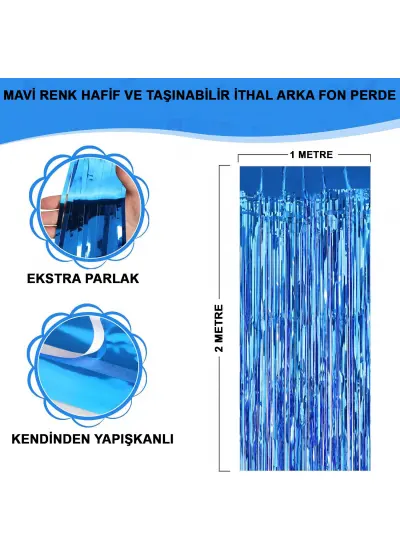 Mavi Renk Ekstra Metalize Parlak Saçaklı Arka Fon Perde İthal A Kalite 1x2 Metre