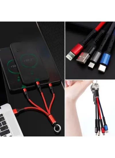 Işıklı Anahtarlık Model 3 in 1 USB Çıkışlı MİKRO,TYPE-C ve İphone Uyumlu Şarj Kablosu