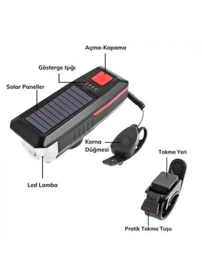 Solar Enerjili USB ile Şarj Edilebilir Ledli Bisiklet Feneri Kornalı ve Su Geçirmez Far