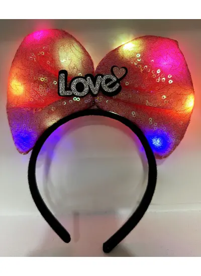 Led Işıklı 3 Farklı Fonksiyonda Yanan Gümüş Love Yazılı Fuşya Pembe Fiyonk Taç 20X17 cm