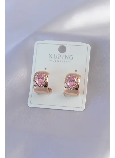 Gold Renk Pembe Kristal Taşlı Yarım Halka Model Xuping Kadın Küpe