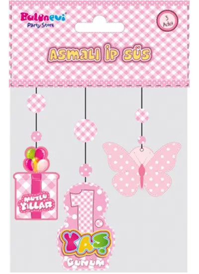 1 Yaş Temalı Asmalı İp Süs Pembe Renk 3 lü Set 12x45 cm