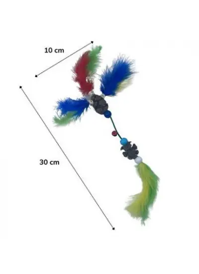 Tüylü Tahta Boncuklu Zilli Kedi Oyuncağı Çok Renkli Kedi Oyuncak
