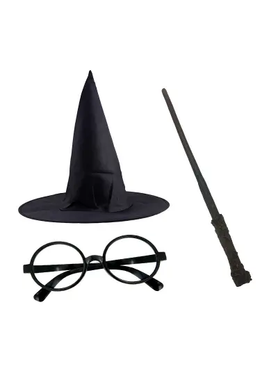 Harry Potter Siyah Şapkası Harry Potter Gözlüğü Harry Potter Asası 3 lü Set