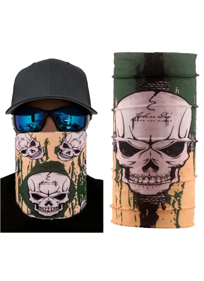 Haki Yeşil Renk Üzeri Likralı Kuru Kafa Kafatası Baskılı Baf Buff Bandana 25x48 cm