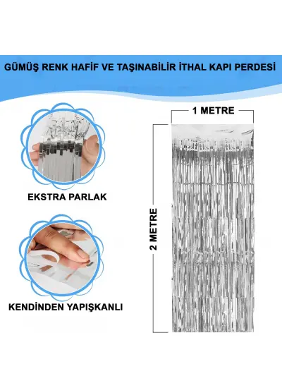 Gümüş Renk Ekstra Metalize Parlak Saçaklı Arka Fon Perde İthal A Kalite 1x2 Metre