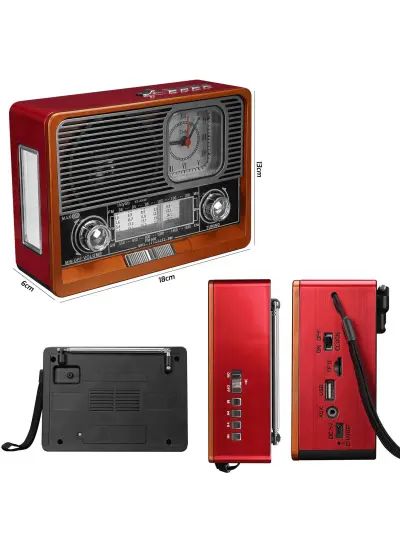 RADYO NOSTALJİ ŞARJLI BT/USB/SD/AUX FENERLİ SAATLİ MİKADO MDR-105BT