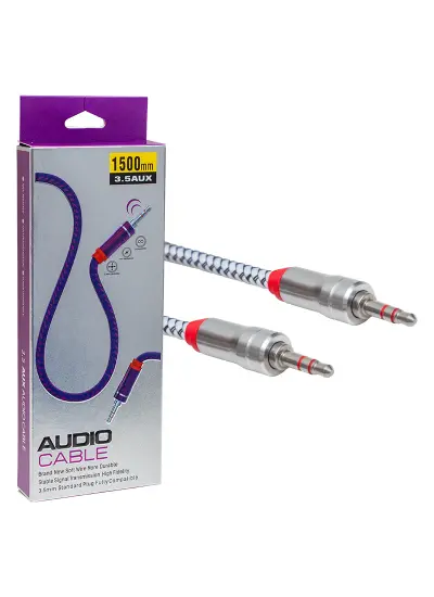 3.5 MM STEREO ERKEK/ERKEK STEREO METAL BAŞLIK ÖRGÜLÜ 1.5 METRE AUX KABLO