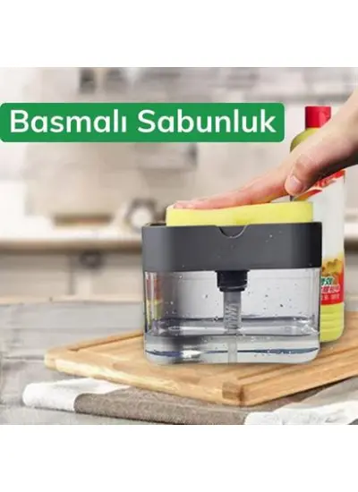 İkisi Bir Arada  Basmalı Pratik Sıvı Sabunluk Pompası ve Bulaşık Yıkama Süngeri Haznesi