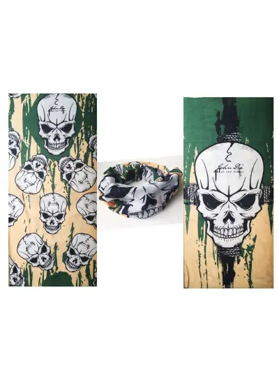 Haki Yeşil Renk Üzeri Likralı Kuru Kafa Kafatası Baskılı Baf Buff Bandana 25x48 cm