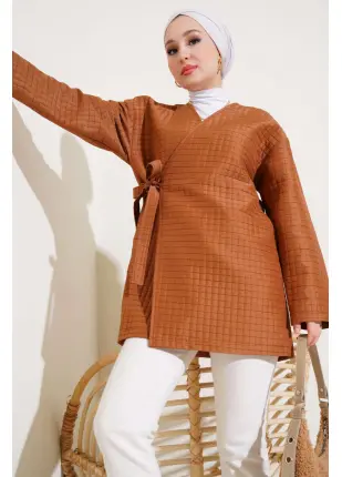 Yandan Bağlamalı Kapitone Kimono Taba