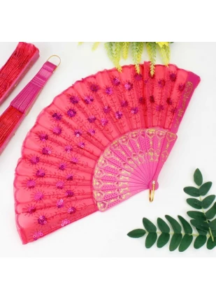 Plastik Pullu Kumaş Yelpaze 12'li Fuşya
