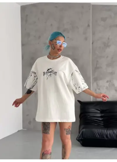 Unisex Bisiklet Yaka Baskılı Oversize T-Shirt - Beyaz