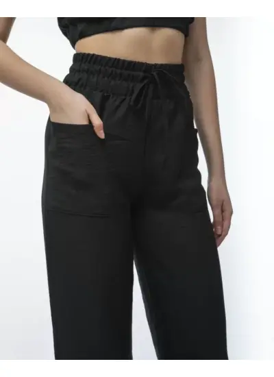 Kadin Keten Pantalon Ve Crop Takım - Siyah