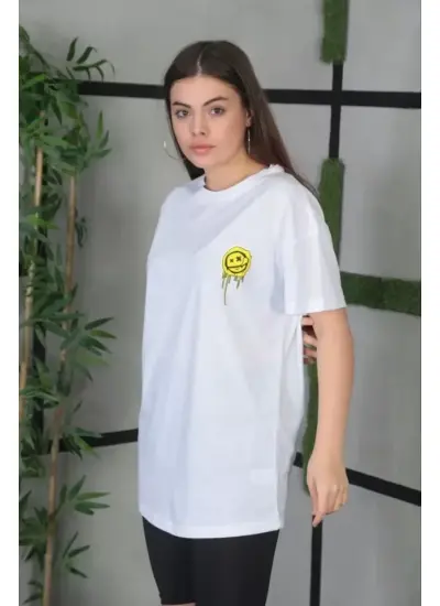 Unisex Bisiklet Yaka Baskılı Oversize T-Shirt - Beyaz