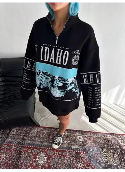 Yarım Fermuarlı Oversize Baskılı SweatShirt - Siyah