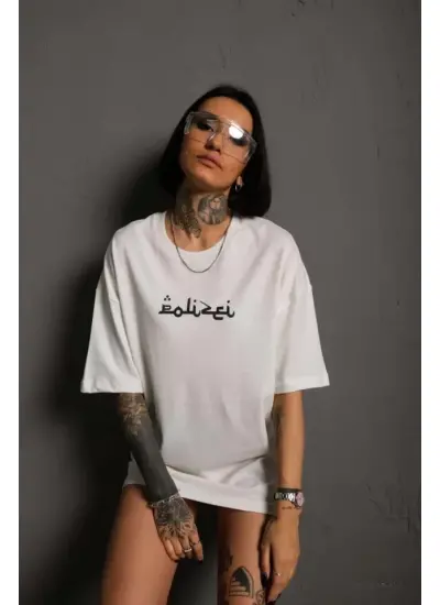 Bisiklet Yakalı Sırt Baskılı Oversize T-Shirt - Beyaz