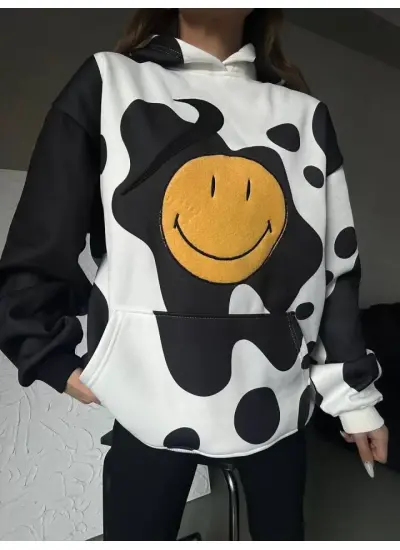 Smiley Face Kapüşonlu Sweatshirt - Siyah