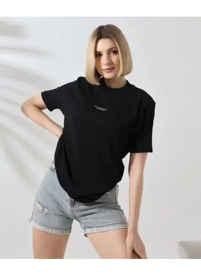 Unisex Bisiklet Yaka Baskılı Slim Fit T-Shirt - Siyah