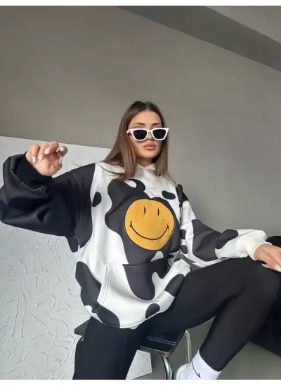 Smiley Face Kapüşonlu Sweatshirt - Siyah