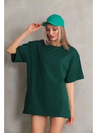 Unisex Bisiklet Yaka 20/1 Düz Oversize T-Shirt - Yeşil