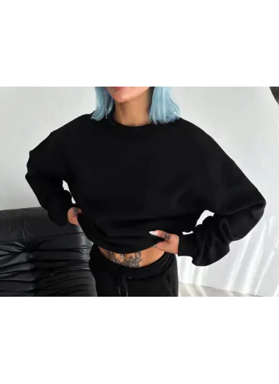 Kışlık Bisiklet Yaka Üç İplik Basic SweatShirt - Siyah