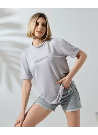 Unisex Bisiklet Yaka Baskılı Slim Fit T-Shirt - Boyalı Gri