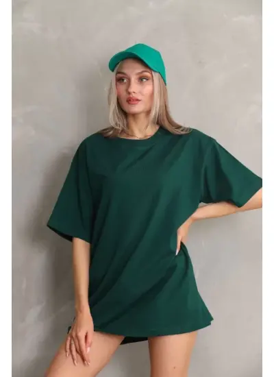 Unisex Bisiklet Yaka 20/1 Düz Oversize T-Shirt - Yeşil